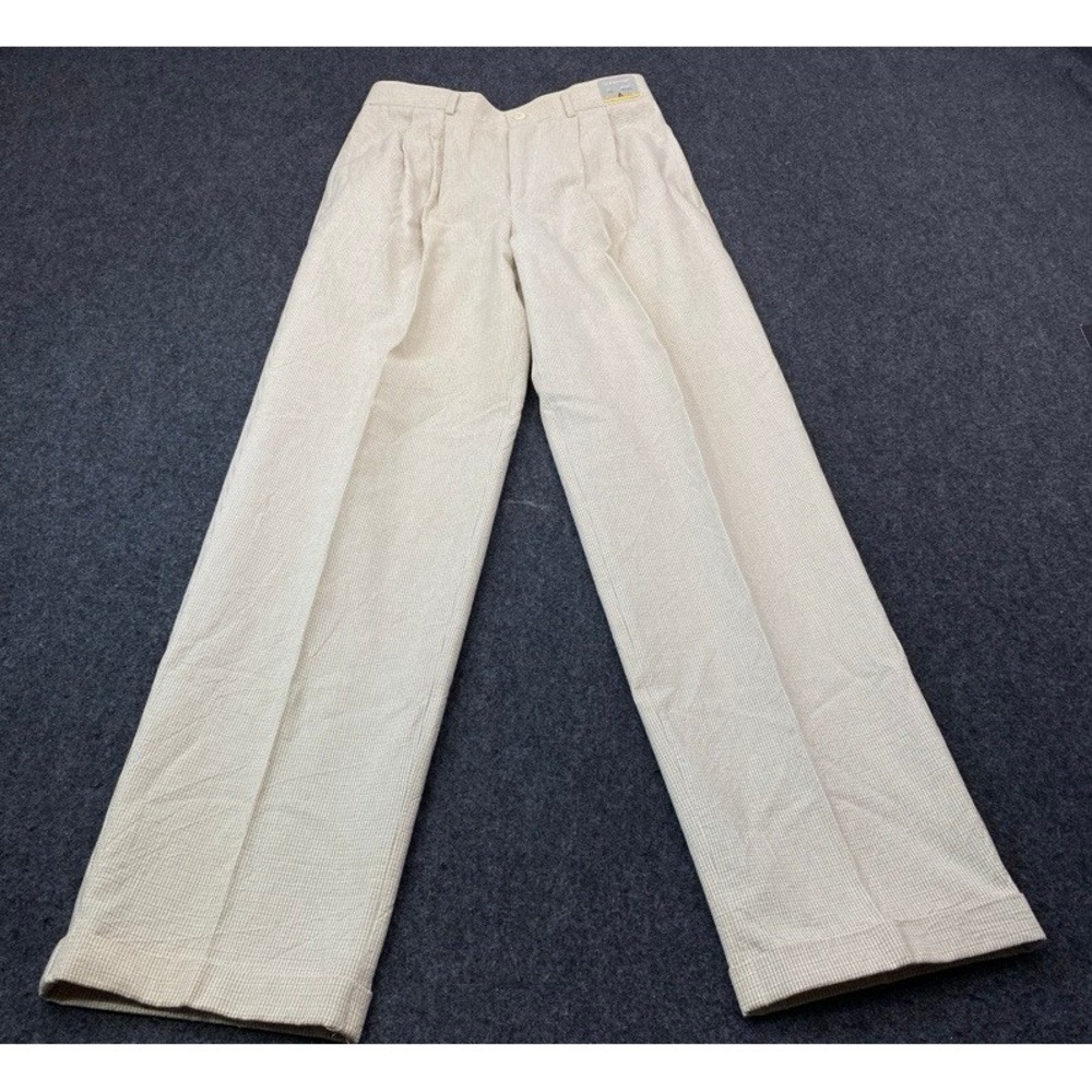 NWT VTG Claiborne Dress Pants Men 30R Beige Micro Check Pleated Cuffed Cotton